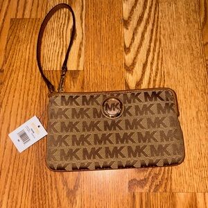 Michael Kors Tan Brown MK Logo Wristlet with Gold Tone Emblem